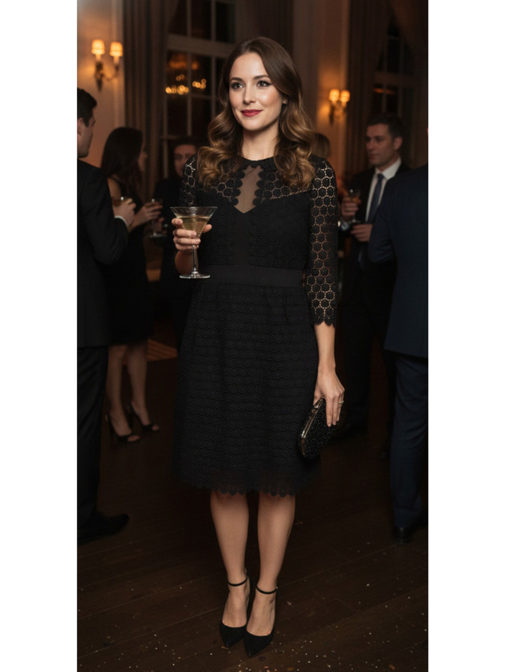 Elegant Black Lace Midi Dress with 3/4 Sleeves